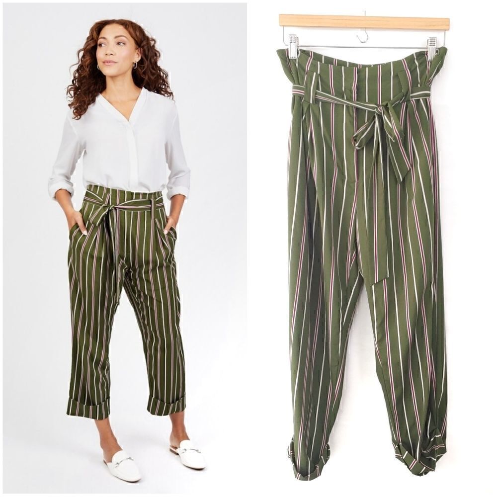 JOA High Waist Pants Green Stripe Medium Belted